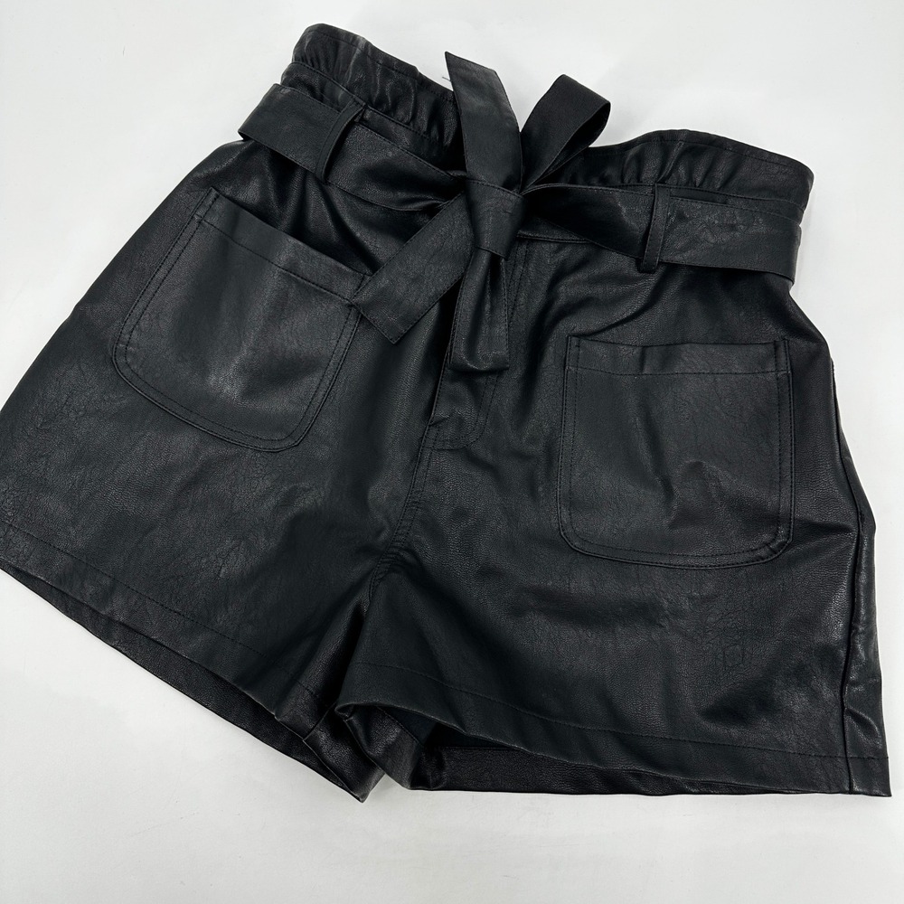 Blue Rain Francesca's Black Faux Leather Paperbag Waist Shorts Large Vegan Party